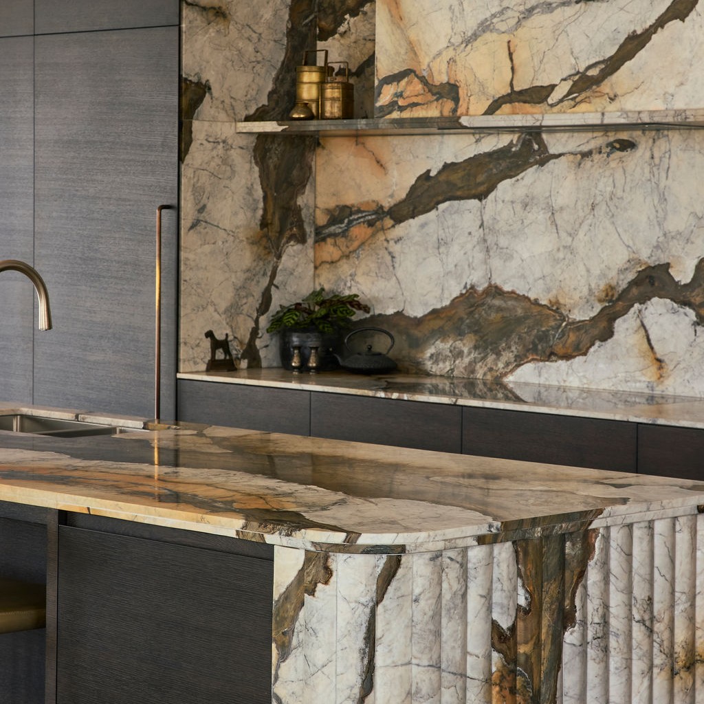 Turnbull island waterfall end and rangehood and shelving right side